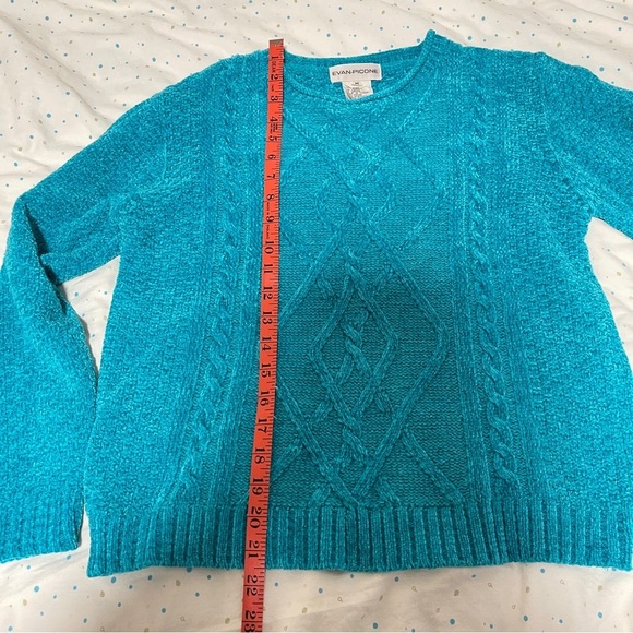Vintage Evan Picone Chenille Cable Knit Teal Blue Sweater - Picture 10 of 12